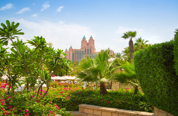 Fototapeta premium Dubai, UAE, United Arab Emirates. Atlantis hotel view form the Aquaventure water park, locates on the Palm Jumeira. Luxury Hotel was open in 2008