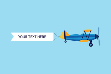 Plane or biplane with the ribbon banner flat vector illustration isolated on blue.