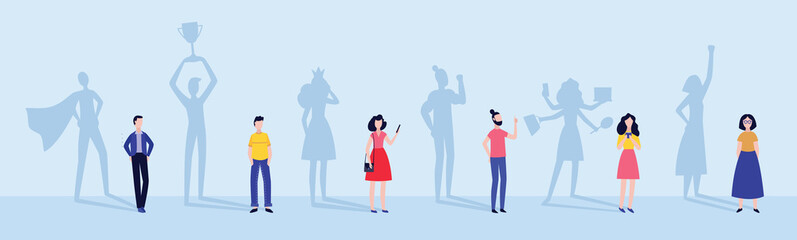 men and woman with superhero and successful people shadows vector illustration. © sabelskaya