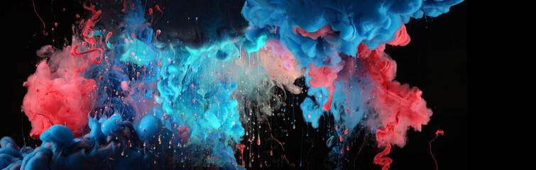 Acrylic blue and red colors in water. Ink blot. Abstract black background.