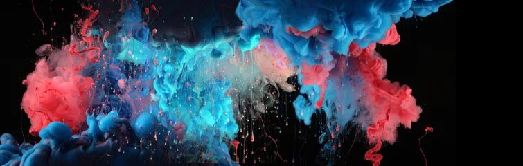 Fototapeten Acrylic blue and red colors in water. Ink blot. Abstract black background. © Liliia