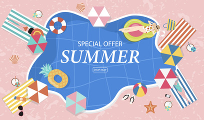 Summer sale background with tiny people,umbrellas, ball,swim ring,sunglasses,starfish,hat,sandals in the top view pool.Vector summer banner