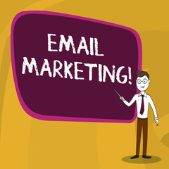 Word writing text Email Marketing. Business photo showcasing act of sending commercial message typically group of showing Confident Man in Tie, Eyeglasses and Stick Pointing to Blank Colorful Board