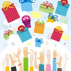 Gifts fall from the sky and people pull hands to them