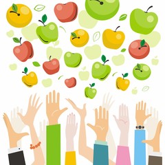 Apples fall from the sky and people pull hands to them