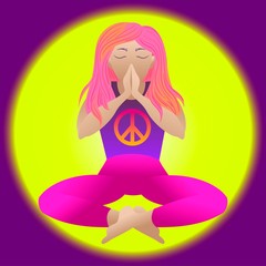Yoga. Prayer. Pacific symbol of peace. Woman in Meditation lotus position, vector flat illustration. Relaxation cartoon girl sitting with legs crossed and arms folded, eyes closed. Namaste.