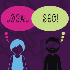 Text sign showing Local Seo. Business photo showcasing incredibly effective way to market your near business online Bearded Man and Woman Faceless Profile with Blank Colorful Thought Bubble