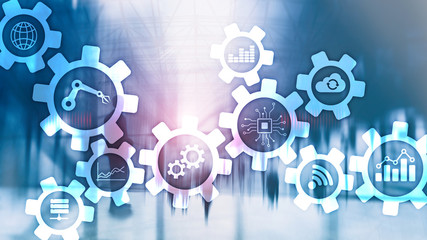 Automation technology and smart industry concept on blurred abstract background. Gears and icons.