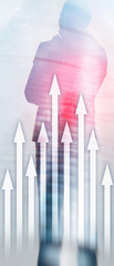 Vertical Panorama Banner. Up arrow graph on skyscraper background. Invesment and financial growth concept.