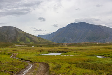 All-terrain vehicle rides on the road in the tundra, Yamal, Russia