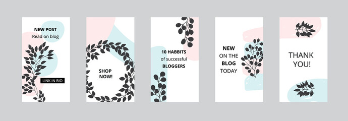 Stories templates set with black silhouette branches and pastel spots flat style