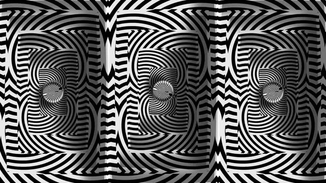 Hypnotic motion background with twisting rays in different sections and lens sphere in center. Swirling abstraction reflected in several screens. Seamless looping animation.