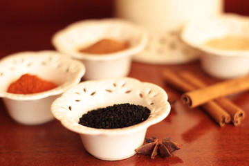 black cumin saffron turmeric cinnamon stick and other spice