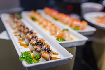 delicious sushi rolls set in a variety of japanese food
