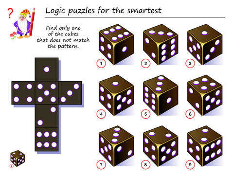 Logic puzzle game for smartest. Need to find only one of the cubes that  does not match the pattern. Printable page for brainteaser book. Developing  spatial thinking. Vector cartoon image. Stock Vector |