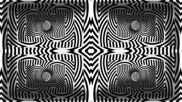 Hypnotic motion background with twisting rays in different sections and lens sphere in center. Swirling abstraction reflected in several screens. Seamless looping animation.