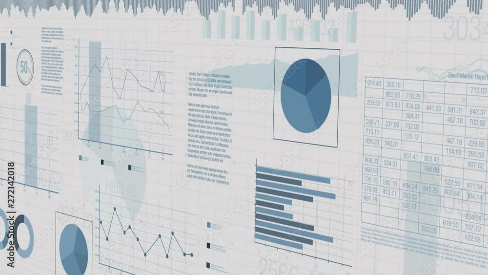 Aufkleber sheets with numbers and financial charts scrolling on screen, concept of business and finance, seaml