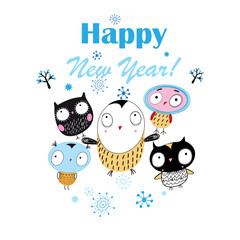 Christmas bright vector card with funny owls