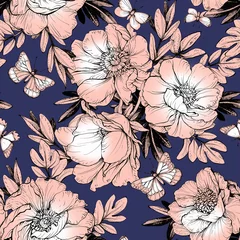 Gordijnen Seamless floral pattern with peonies. © Anna