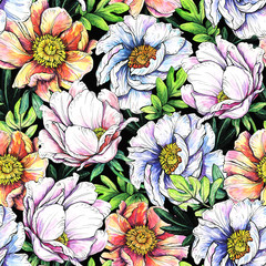 Floral seamless pattern. Hand drawing with watercolor and graphics.