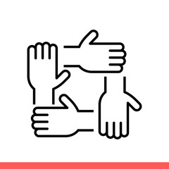 Four hand vector icon, together symbol. Simple, flat design isolated on white background for web or mobile app