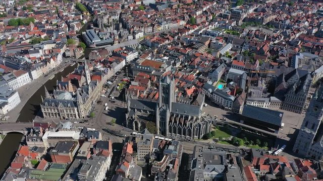 Aerial view of cityscape of Ghent, historic center of city, Saint Nicholas' Church (Sint-Niklaaskerk) Scheldt Gothic style - landscape panorama of Belgium from above, Europe