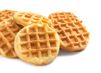 Delicious waffles for breakfast on white background, closeup