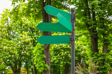 blank street sign against green trees. Empty space for text