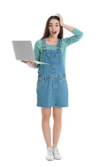 Full length portrait shocked of young woman in casual outfit with laptop on white background