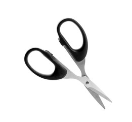 Pair of sharp scissors on white background