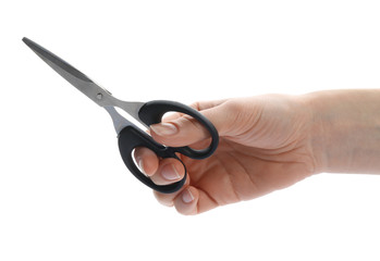 Woman holding scissors on white background, closeup