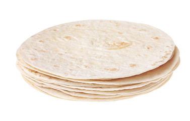 Stack of corn tortillas on white background. Unleavened bread