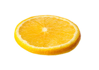 Slice of ripe orange on white background