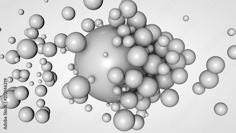 Poster 3d rendering of many small balls in the space surrounding a large white ball. the idea of interactio