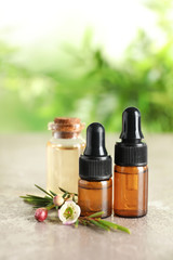 Bottles of natural tea tree oil and plant on table against blurred background