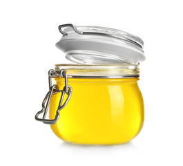 Jar with tasty jelly on white background