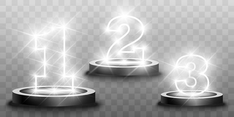 Winner background with signs of first, second and third place on a round pedestal. Vector winner podium sports symbols. 