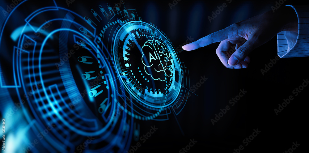 Poster business hand using digital artificial intelligence interface new modern computer.