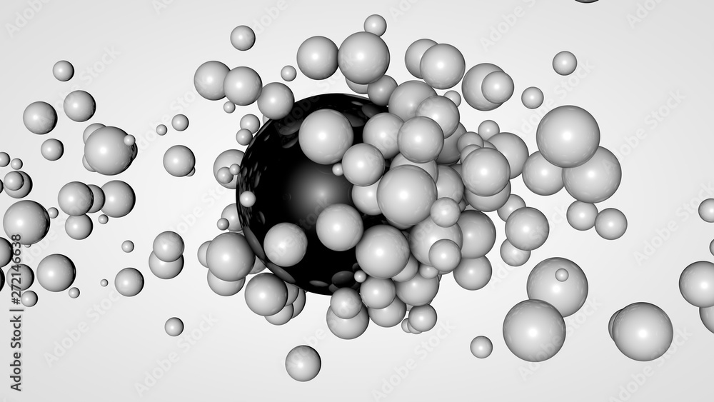 Poster 3d rendering of many small balls in the space surrounding a large black ball. the idea of chemical i