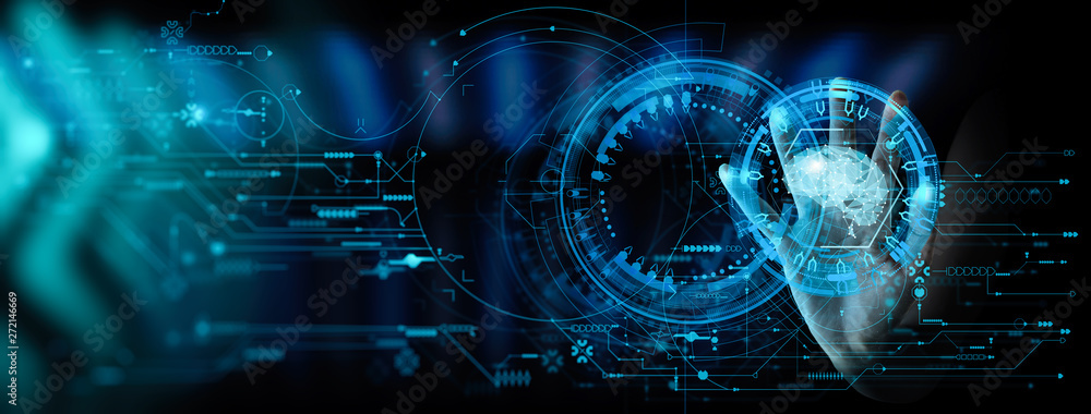 Fototapete Artificial intelligence (AI) with machine deep learning and data mining and another modern computer technologies UI by hand touching low poly icon.