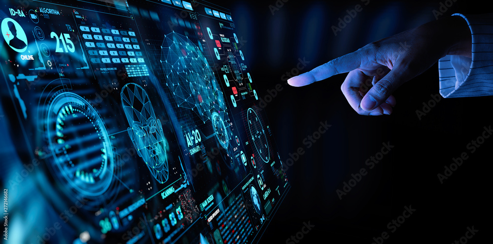 Poster Business hand working with cryptocurrency and Ai conputer interface.