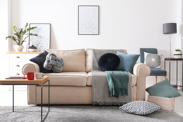 Living room interior with comfortable sofa and pillows