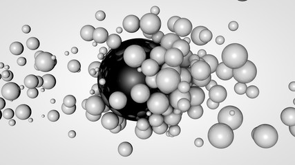 3D rendering of many small balls in the space surrounding a large black ball. The idea of chemical interaction. Futuristic, abstract composition for the background. Image isolated on white background.