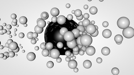 3D rendering of many small balls in the space surrounding a large black ball. The idea of chemical interaction. Futuristic, abstract composition for the background. Image isolated on white background.