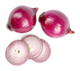 Fresh whole and cut red onions on white background, top view