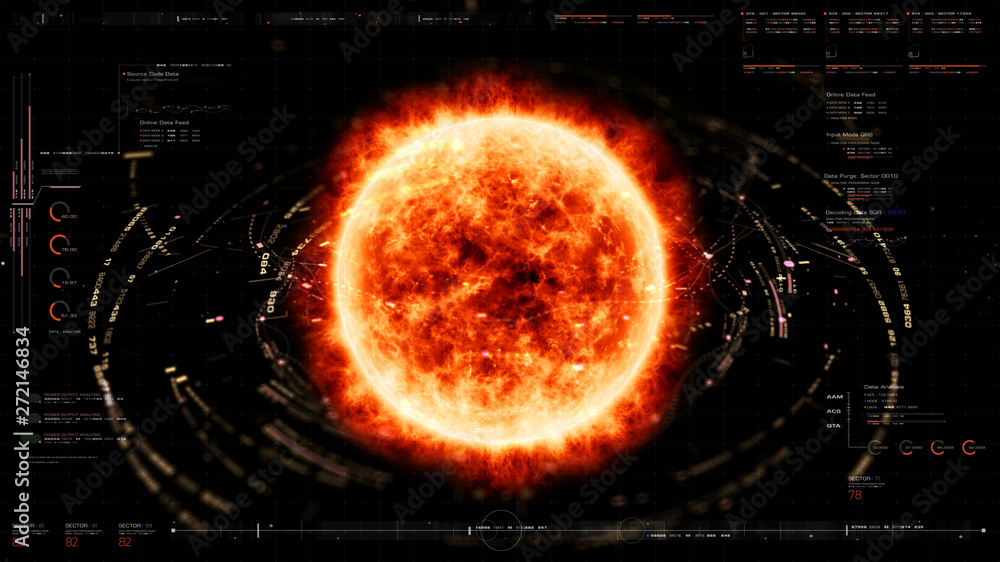 Aufkleber Futuristic motion graphic user interface head up display screen with Holographic Sun Corona Particles and digital data telemetry information display for digital background