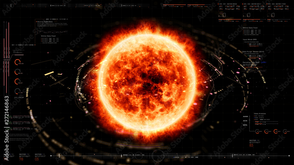 Aufkleber Futuristic motion graphic user interface head up display screen with Holographic Sun Corona Particles and digital data telemetry information display for digital background