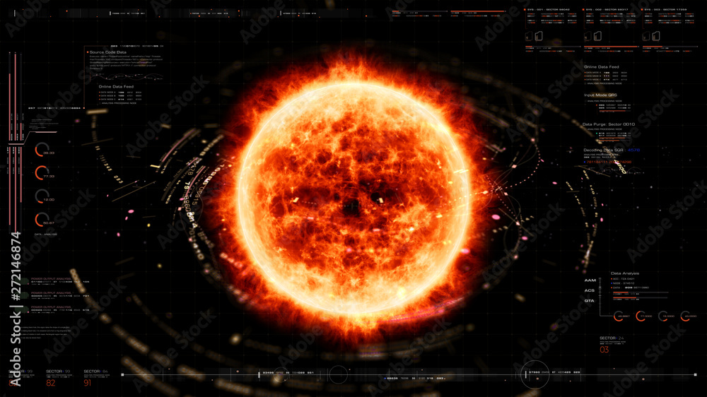 Fototapete Futuristic motion graphic user interface head up display screen with Holographic Sun Corona Particles and digital data telemetry information display for digital background