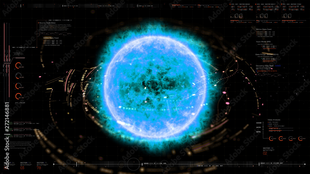 Aufkleber Futuristic motion graphic user interface head up display screen with Holographic Sun Corona Particles and digital data telemetry information display for digital background