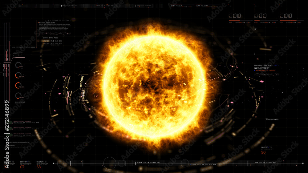 Poster Futuristic motion graphic user interface head up display screen with Holographic Sun Corona Particles and digital data telemetry information display for digital background
